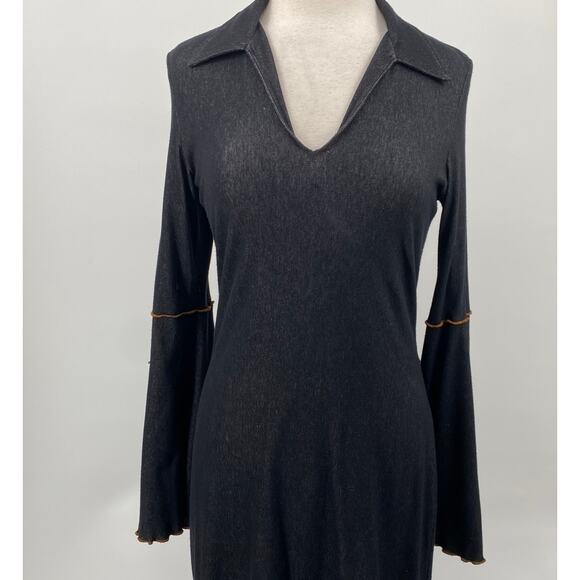 Vintage Y2k Bell Sleeve Stretch Cotton Denim Dress Collared V Neck Dark Wash M - Picture 4 of 10